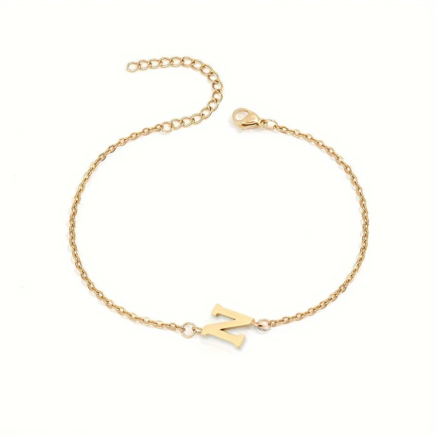 Initial Letter Bead Bracelet Thin Chain Minimalist Elegant N - Tophatter Daily Deals